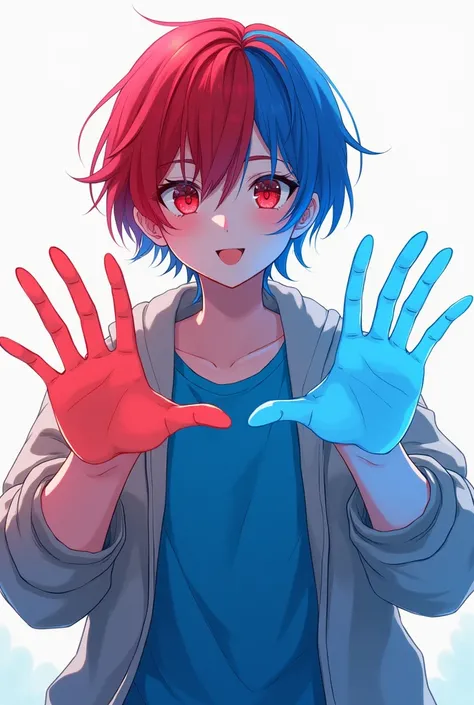 Anime Both her hands are red and blue her hair is red and blue her eyes are red and blue wears a blue T-shirt And an open jacket a white man 