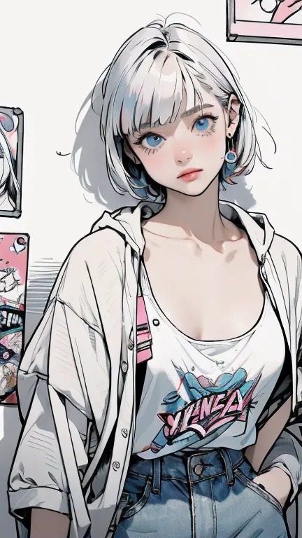 masterpiece, Highest quality, Very detailed, 8k, Realistic, super close up of chest, focus on chest, One Girl, alone, Very detailed face, (head shot:1.5), Standing in front of a wall covered in hip hop graffiti, Cyberpunk neon cityscape,Pixie cut white hai...