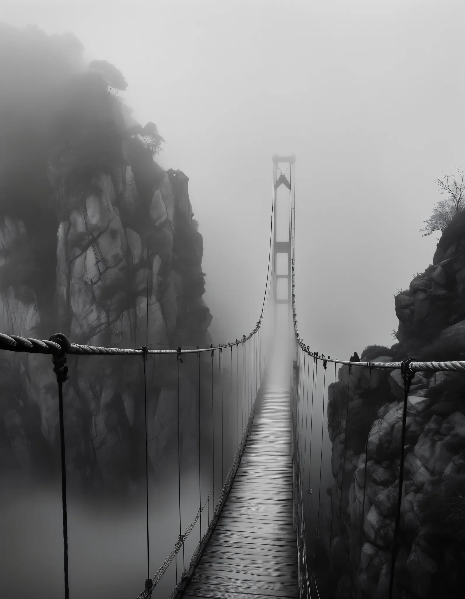 ((Surprisingly bizarre )),(masterpiece:1.2),超 high definition ,  Attention to Details ,  High Quality ,  high definition , 最 High Quality , 4K, 8k、Vertical Landscapes
, landscape painting、Suspension bridge seen from the depths of the fog、 misty 、 black and white tones 、 An eerie and mysterious work