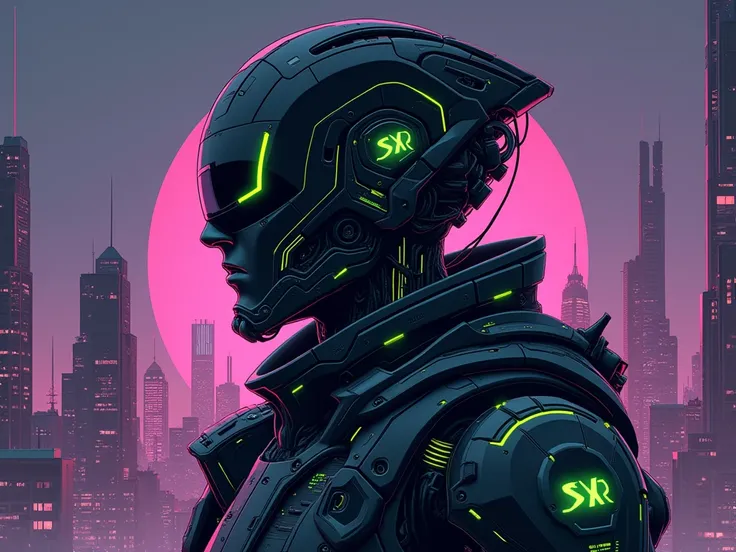 Photorealistic, a K-pop cyberpunk cyborg guy graphic with futuristic SXR design with black and gray, purple tones, featuring intricate curves and futuristic glowing green geometric shapes. The background is a city with neon-lit high-rise buildings. There a...