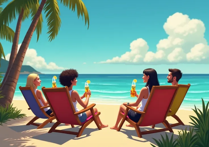 A group of friends are sitting on beach chairs facing the ocean . Each one has a bottle of Corona with a slice of lemon on the tip of the bottle to make the image look as realistic as possible