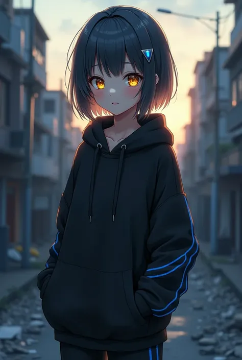 Grey Hair,Yellow Eyes, My hair is black , medium hair , boyish ,cool, pretty girl,Neutral,Handsome Girls,Small breasts, Tall, adult woman laughing, Im wearing a hoodie with a black base and blue lines, Im wearing long, mouse colored pants , anime style,Aba...