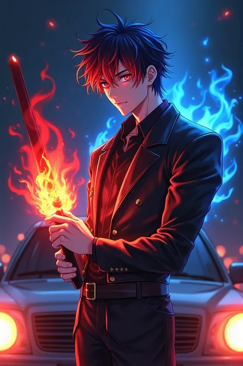 Handsome anime male both hands fiery red and blue his hair red and blue his eyes red and blue colors red and blue holding a sword night atmosphere in the back of the car 