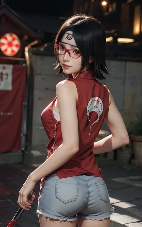 1girl, sarada uchiha in anime boruto, short hair, black hair, red eyes, smile, beautiful, sexy dress, sexy clothes, red clothes, wear red glasses, very big breast, realistic clothes, detail clothes, outdoor background, ultra detail, realistic photo :4K del...