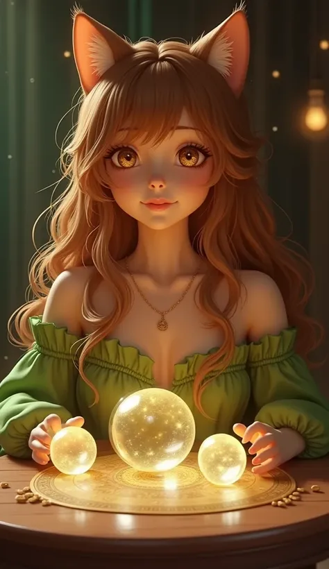 Cat girl:fortune teller、A beautiful, bright face with a smile on her face、 bronze hair with cheese、It looks like fortune telling on a table with clear crystal balls in the stardust room、Lime green dress、Realistic images in live action