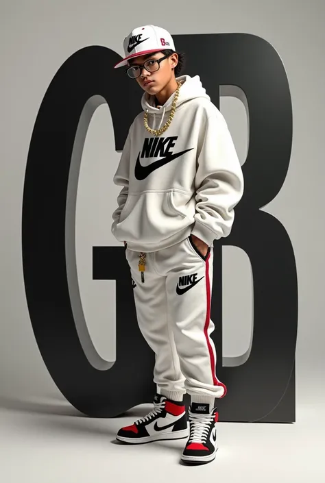 An 18-year-old white-skinned boy all dressed in Nike Jordan sneakers in front of a letter gb in a Nike blouse, Nike pants and Nike cap and glasses with a 3-camera iPhone and a gold chain and cute glasses. 