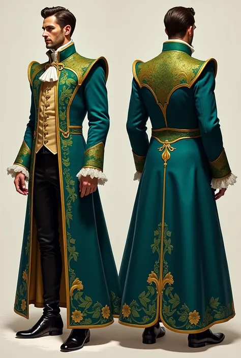 Count of the reign showing his entire body: with a crown on his head and dressed in an overcoat made of Oxford fabric and satin in green and blue and with golden shine, golden buttons. on the fabric there are green leaves. The coat has a collar and long op...