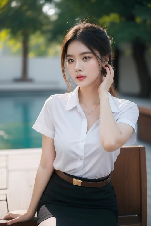 Confident, (8k, best quality, masterpiece, ultra highres:1.2) Photo of Pretty thai woman beautiful, beautiful enchanting fashion contemporary painting with , (1girl), (white shirt short sleeves), ((black pencil skirt)), belt , realistic skin texture , roun...