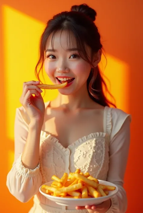  Complete details , Maximum contrast , , Reviews of eating french fries  , 21-year-old Asian Japanese girl with long, sweet hair tied,  dressed in a white lace dress  , cream mini skirt  ,  standing in front of her mouth, holding fries in her mouth, a plat...