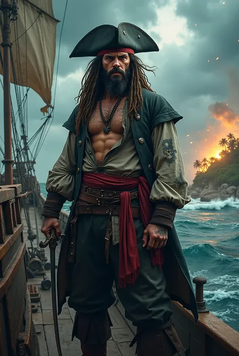 A fierce and rugged Blackbeard pirate, intricate pirate ship, tropical island, stormy seas, dramatic lighting, gritty realism, moody atmosphere, ultra-detailed, 8k, photorealistic, highly detailed portrait, chiseled features, intense gaze, weathered face, ...