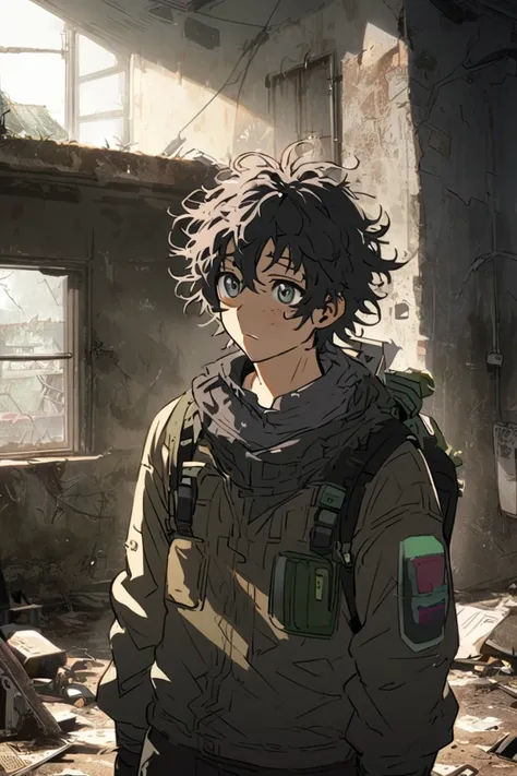 One  male character ,  post-world end setting ,  Friendly , Young people,  shorthair ,  backpack in an abandoned house,  doomsday survivor , Software Features, Cute appearance, messy hair ,  one single letter ,  male character ,  post-apocalyptic anime , B...