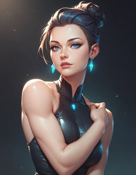 female black sleeveless catsuit with bare shoulders and racerback, bare toned arms, beautiful faces, black ponytail with showing forehead, black colored earrings, soft smooth skin, pale bright skin, black background, blue eyes, sci-fi, high contrast