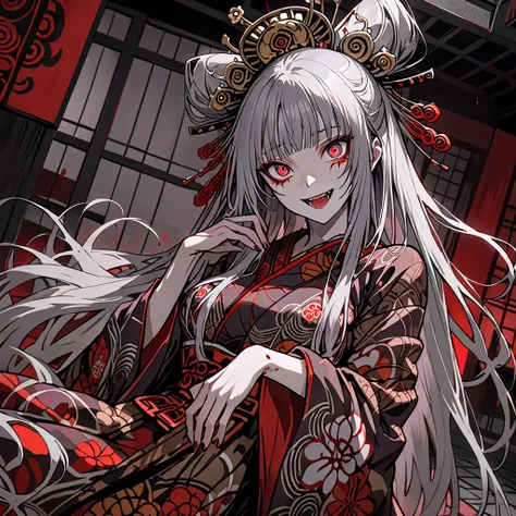 woman,  dark luxurious kimono, Gray Hair, Long Hair,  medium breasts,  red eyes, indoor,  straight hair,  feminine, whole body, Yandere Smile , Madness, Pathological Trance,   Unreasonable, Oiran, night crawling,  gets knocked over