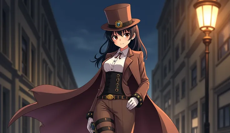 1 anime girl, height is 150 cm, eyes dark brown, dark black hair, low ponytail rested the side, (straight blunt bangs), medium breast, (gold frame monocle eyeglass), steampunk, classic, analog, phantom thief, brown cape, brown top hat with brown bow, white...