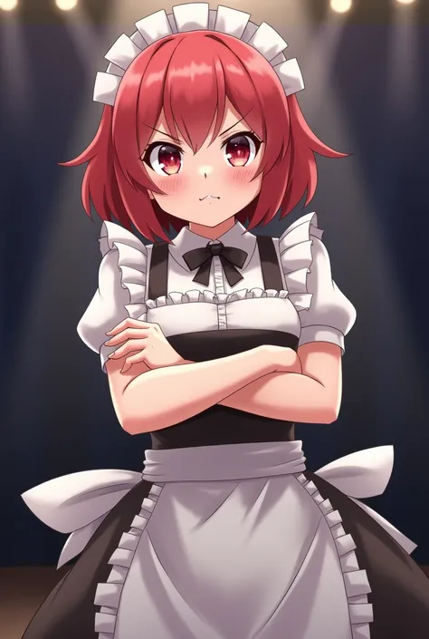  look at the audience,  high resolution , Maid outfit, cute,  1 girl, Solo, Short hair, Red hair,  Redhead, angry,  playful , Chubby cheeks, Cross your arms