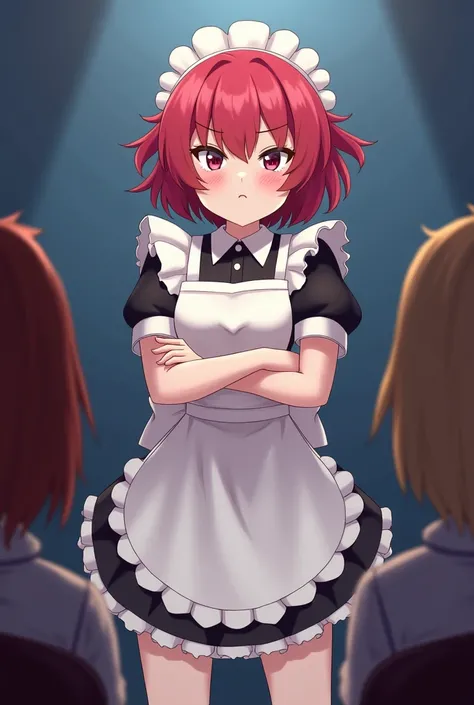  look at the audience,  high resolution , Maid outfit, cute,  1 girl, Solo, Short hair, Red hair,  Redhead, angry,  playful , Chubby cheeks, Cross your arms