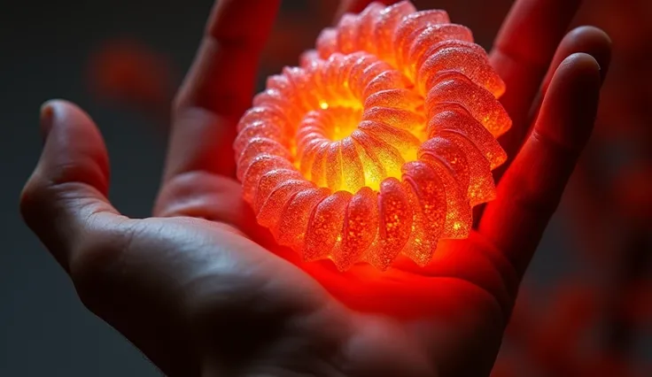 This image shows a close-up of a bright red-orange structure with a textured, spiral-like surface. The color appears intense, with small details like thin, light-colored markings that add to its design. Theres a dark background, making the red object stand...