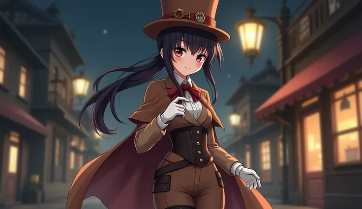 1 anime girl, height is 150 cm, eyes dark brown, dark black hair, (low ponytail on shoulder), (straight blunt bangs), medium breast, (gold frame monocle eyeglass), steampunk, classic, analog, phantom thief, brown cape, brown top hat with brown bow, white s...