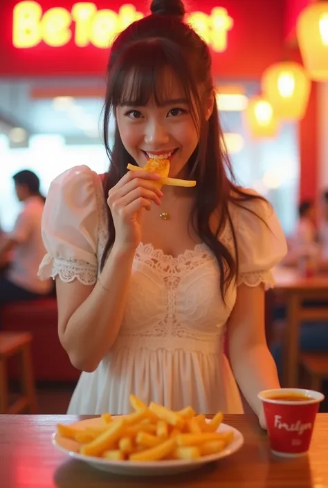  Complete details , Maximum contrast , , Reviews of eating french fries  , 21-year-old Asian Japanese girl with long, sweet hair tied,  dressed in a white lace dress  , cream mini skirt  ,  standing in front of her mouth, holding fries in her mouth, a plat...