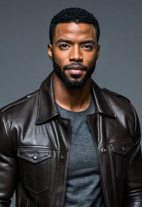 A handsome African American male whose facial features are a combo of Yahya Abdul-Mateen II + Rege-Jean Page + Nathan Mitchell + Kelvin Harrison, Jr. + Christian Keyes. The male is 33 years old. The male has very short black hair and brown eyes and light s...