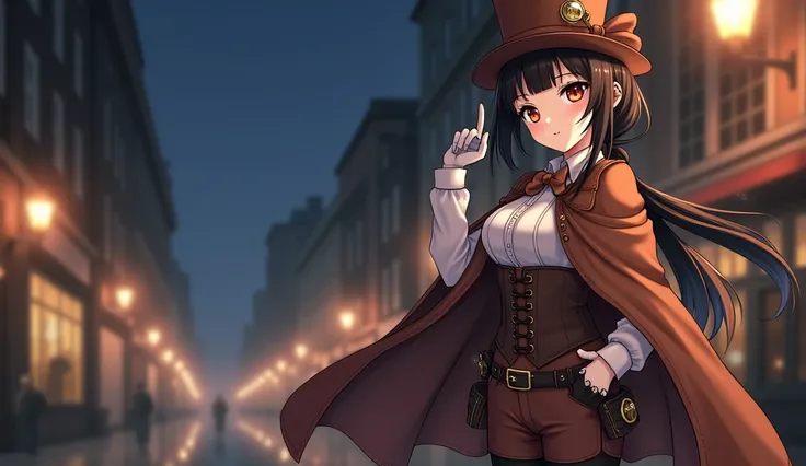 1 anime girl, height is 150 cm, eyes dark brown, dark black hair, (low ponytail on shoulder), (straight blunt bangs), medium breast, (gold frame monocle eyeglass), steampunk, classic, analog, phantom thief, brown cape, brown top hat with brown bow, white s...