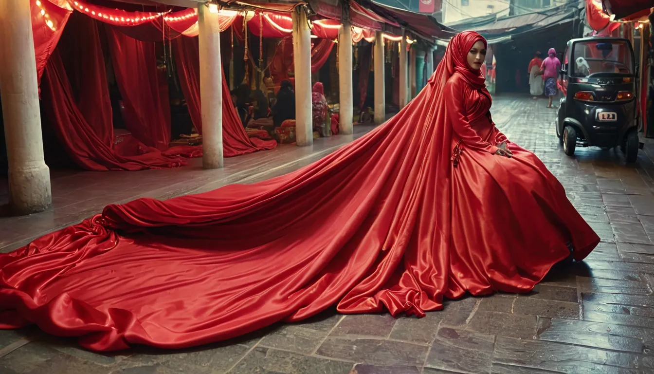 a woman shrouded in a 10-meter-long, plush red satin cloth, tightly bound and grandly draping along the form of her body, flowin...