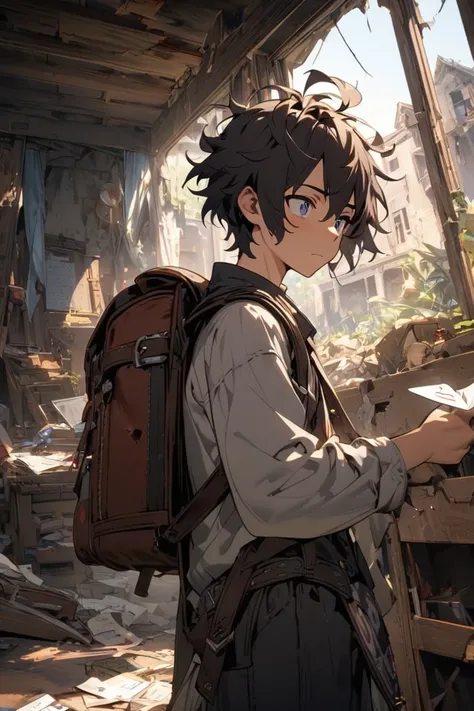 One  male character ,  fantasy world, Young people,  shorthair ,  backpack in an abandoned house, Software Features,  is not finely machined, messy hair ,  one single letter ,  male character , Uncool, one character 