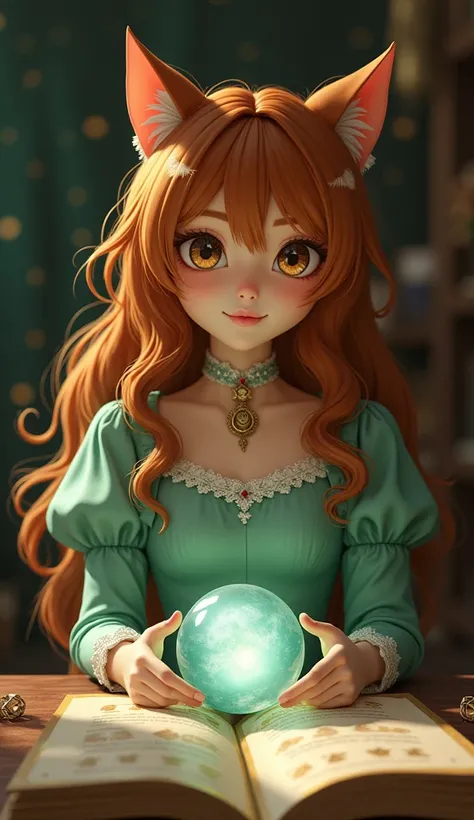 Cat girl:fortune teller、A beautiful, bright face with a smile on her face、 bronze hair with cheese、It looks like fortune telling on a table with one crystal ball that is crystal clear in the stardust room、peppermint green dress、Realistic images in live act...