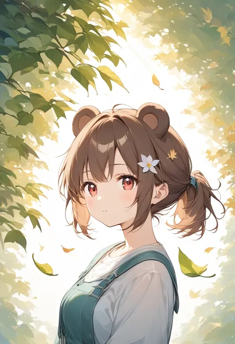   thin and soft painting style、autumn、Falling leaves fluttering、 sunlight shines in 、 Beautiful Artwork 、1 Girl、bear ears、Ponytail 、Brown Hair、 short hair、Crimson eyes、In the head１Place a green leaf 