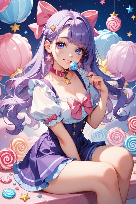  Purple Hair Candy Elements Cute Lollioi Pink Bow Smile Shiny Crystal Light Star Earrings Wear White Blue Purple Skirt With Collar Movement： Sitting on Beautiful Candy Background ：Candy Elements Glossy Night   