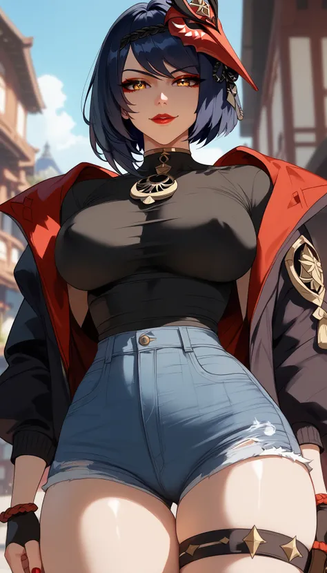  perfect eyes、 perfectly sexy face、ultra detailed、Kujou Sara、Genshin Impact、shiny hair、( Big breasts ), black shirt、black jacket、Tight Waist、thin waist、 dark blue denim shorts、 Thigh straps 、 shiny skin 、 tanned skin 、Beleza、erotic、Red Eyeliner、 red lips 、...