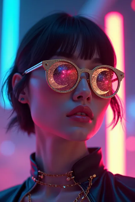 The model wears sunglasses with stars and the moon on the lenses