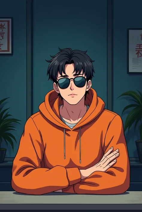 ANIME FRIENDLY LOOKING MALE ACTER, A ORANGE HOODIE AND SUNGLASSES. HE IS SITTING , ARMS ON HIS DESK. IT IS NIGHT. THE ROOM HAS VOLUMETRIC
LIGHTING. HE IS FRONT FACING TO THE CAMERA, LOOKING STRAICHT AND CENTERED, CENTRAL PORTRAIT, SITTING STRAIGHT, FRONT V...