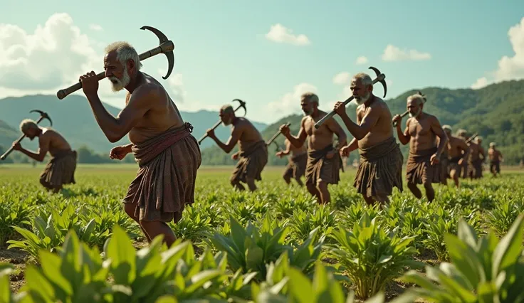 A group of ancient Sri Lankan men harvesting crops with a sickle