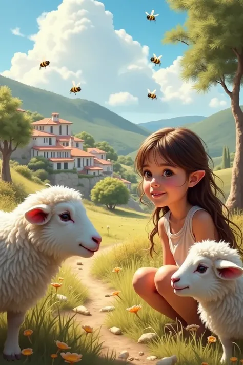 Make a picture of the Greek village Koulentia in laminar. Make the village appear on the background and the lucite would be taken away form the village. Make some cute sheep and cute goats appear close to the picture. Also add someone bees. Ad a teen girl ...