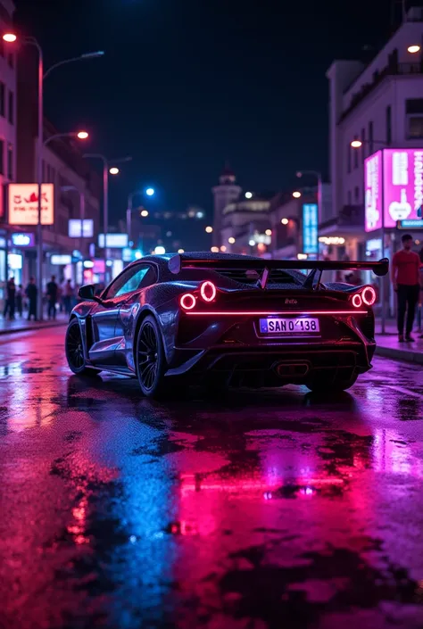 NeonLighting Art, In the style of night neon street, night, neon street, Neon lights in a neon city, darkness and neon, super black fantastic sports car with neon lights, bright neon on a super black background, street style, neon style, night light art, d...