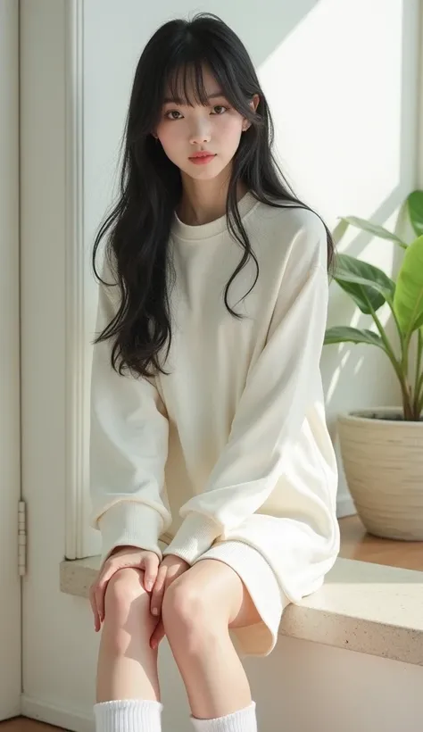 Create an image,  focus and silhouette of a young woman ,  white skin , long black silky hair with bangs.  images like ,  Wearing long white socks ,barefoot.  She is a Greek mansion with a sunny balcony、 wearing a loose white sweatshirt dress  , Japanese i...