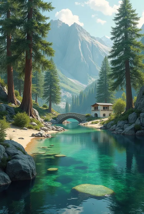 6 big alpine trees and their roots touching water and green transparent water lake and rocks and  sand and mountain and  white stone cabin and stone bridge