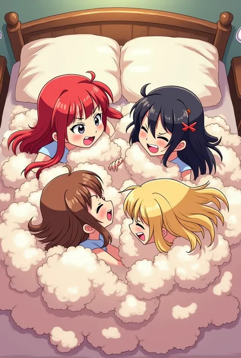 An anime-style comic depicting many ladies playfully wrestling with each other inside a big bed comical fight cloud.
each lady has different  colored hair.
their faces,hands,and feet are visible emerging from the cloud as they tussle humorously,  with the ...