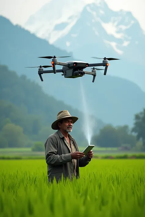 A Nepalese farmer operating a drone over lush green fields, with the drone spraying water and analyzing soil conditions, set against a backdrop of the Himalayas, ultra HD, 4K quality.