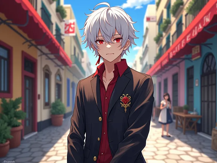 Kaedehara Kazuha (genshin impact),  white hair, red lock, red eyes, Casual clothing, in the streets of Barcelona
