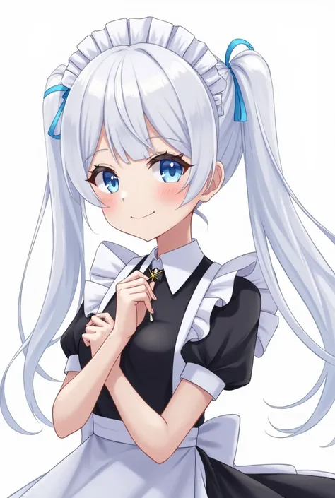  look at the audience,  high resolution , Maid outfit, cute,  1 girl, Solo, My hair is very long., Let your hair down, White hair, Straight hair, Short twintails, smile, tidy,  blue eyes , 