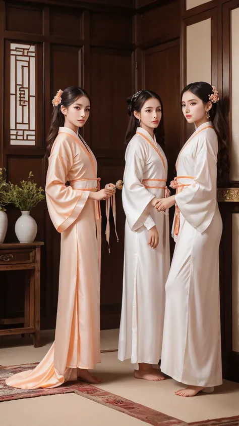  best quality, masterpiece,  high definition , 3 girls, Facial beauty,whole body,Chinese clothes, white Taoist robe,Hold the sword with your right hand  ( luxury decoration ),Peach Tree,