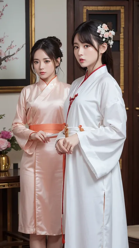  best quality, masterpiece,  high definition , 3 girls, Facial beauty,whole body,Chinese clothes, white Taoist robe,Hold the sword with your right hand  ( luxury decoration ),Peach Tree,