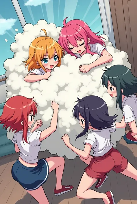 An anime-style comic depicting many ladies playfully wrestling with each other inside a home comical fight cloud.
each lady has different  colored hair.
their faces,hands,and feet are visible emerging from the cloud as they tussle humorously,  with the res...