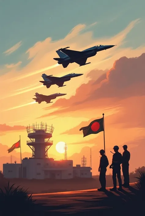 "An advanced air defense scenario featuring F-7 fighter jets streaking across the sky in a synchronized maneuver, a radar station scanning the skies with detailed machinery, and pilots in action preparing for a sortie. The backdrop includes a sunset over a...