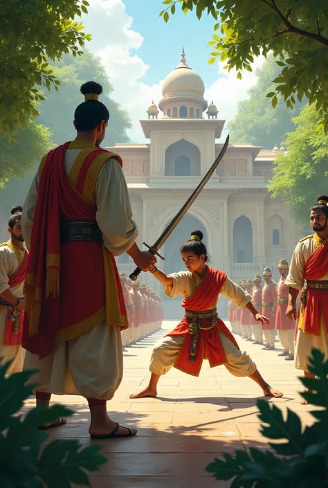 "A young Ashoka practicing sword fighting in a lush royal courtyard, surrounded by instructors and onlookers. His confident posture reflects his intelligence and martial skill. The background includes a palace and soldiers training in formation."