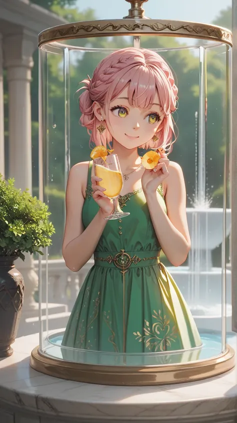 score_9_up,score_9, score_8_up, score_7_up, source_anime, rating safe,  masterpiece, 4K, In Glass Land ,1girl turn around fountain,   , pink hair, french braid hair style, yellow green dress,  cute, look away,Soft and clean atmosphere、 small smile, 