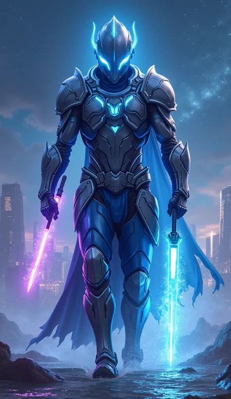 Design a futuristic warrior for the zodiac sign Aquarius in February. This warriors armor is sleek and metallic, with glowing blue and purple accents. The design is inspired by advanced technology, water, and air elements. The warrior holds a high-tech ene...