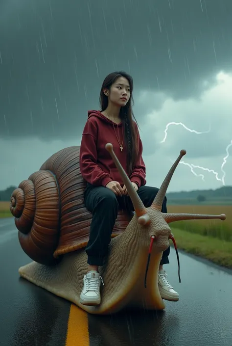 heavy rain accompanied by lightning Beautiful Asian woman 25 years old long hair straight brown small braid right side , wearing a necklace, wearing a maroon red hoodie soaked ,Black short cargo pants with white sporty shoes riding on a huge giant snail wa...